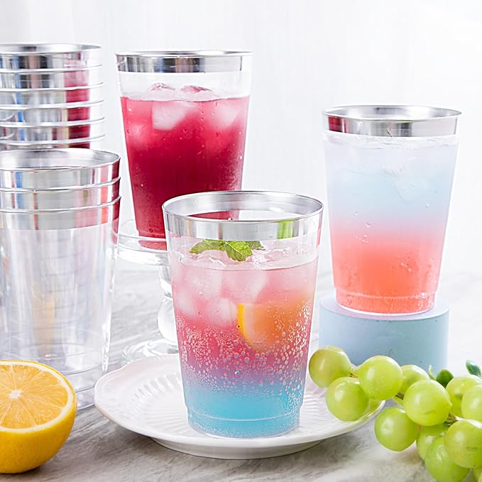 supernal 200pcs Silver Plastic Cups,12oz Clear Plastic Cups Tumblers,Silver Rimmed Cup,Elegant Party Cup,Premium Disposable Cup,Clear Party Cup,Wine Glasses for Party