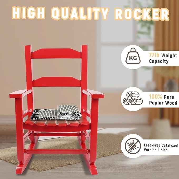 Toddler Rocking Chair Kids Wooden Indoor for Comfy Recliner Rocker for Baby Children Ages 3-6 Outdoor Lounge Chair Girls Playroom Christmas Gift Red