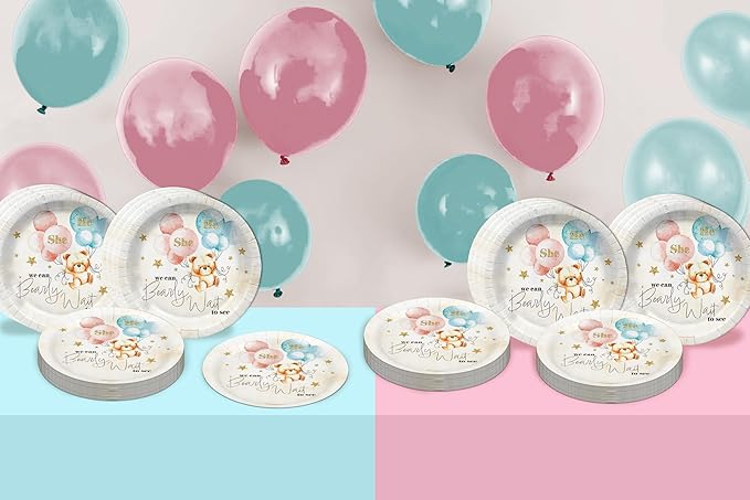 Birthday Galore We Can Bearly Wait Teddy Bear Gender Reveal - 32 Piece Disposable Party Supplies - Bear Gender Reveal Decorations - Round Party Plates - Large 9" Paper Plates In Bulk