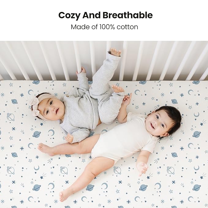 Konssy Muslin Crib Sheets for Boys, Soft Cotton Neutral Baby Sheets for Standard Crib Mattress 2 Pack, 52"x28" (Star,Blue)