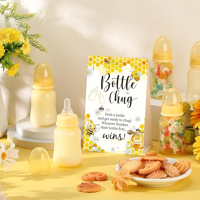 TrelaCo Bottle Chug Baby Shower Game 20 Pcs Baby Bottles Shower Favor with 1 Bee Theme Sign for Gender Reveal Party Supplies Gifts(Yellow)
