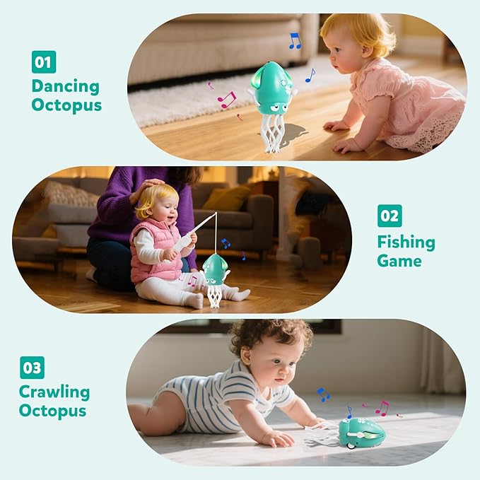 Dancing Octopus Baby Toys, Electric Crawling Squid Infant Tummy Time Toy with Light & Music, Interactive Sensory Toy for Toddlers & Kids (Ages 0-6+), Birthday Gift for 6 12 18 24 36+ Months Boy Girl