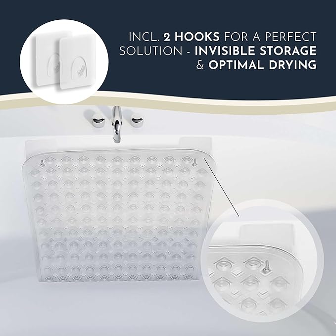 homerella® Bath Mat for Tub Non Slip Mold Resistant 35x16 - Shower Mat Non Slip Anti Mold - Bath Tub Mat Suction Cups incl. Hooks for Drying - Bathtub Mat Non Slip - ANI Slip Shower Mat Inside Tub