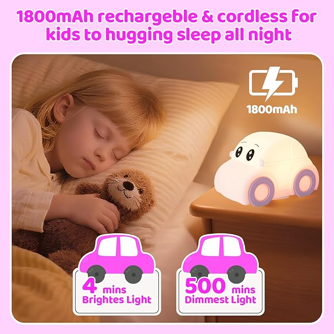 Car Night Light for Kids, Color Changing+Dimmable+1800mAh Rechargeable+Timer+Silicone, Squishy Touch Toddler Night Light, Novelty Nursery Nightlight for Kids Room, Funny Gifts, Girls, Baby
