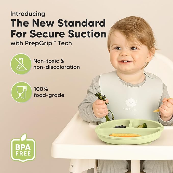 KeaBabies Suction Plates for Baby, Toddler - 3-Pack 100% Silicone Toddler Plates with Suction, Divided, BPA-Free Baby Led Weaning Essentials for Kids, Dishwasher, Microwave Safe, Durable (Olives)