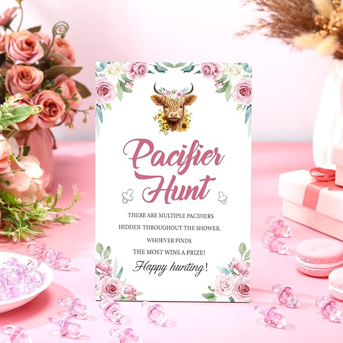 Thyle 51 Pcs Pacifier Hunt Baby Shower Games Include Hunt Sign and 50 Acrylic Pacifiers for Baby Shower Game Decoration Gift Sets Gender Reveal Party Decor(Highland Cow)