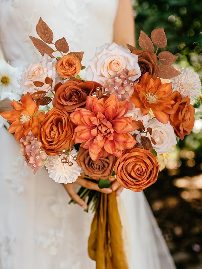 RICHMYC Artificial Flowers Terracotta Wedding Silk Fall Fake Flowers for Decoration Orange Cake Flowers with Stems for Wedding Bouquets Centerpieces Baby Shower Fall Decor