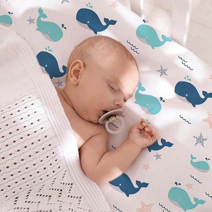 Plushii 4 Pack Fitted Crib Sheets for Baby Boys, 28"x 52" Extra Soft Microfiber Crib Sheet Set for Standard Crib & Toddler Mattress Pad, Whale & Trucks & Little Bear & Navy Blue
