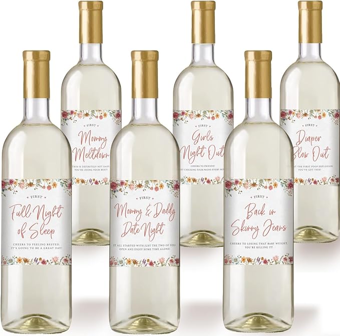 Printed Party Baby Shower Wine Label Gift Set - Mommy's First Milestones, Wine Bottle Labels for Expecting Mother to Be, Baby in Bloom Wildflower Theme (Set of 6)
