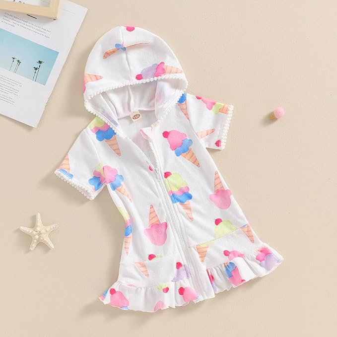 Girls Hooded Zip Terry Coverups Swimsuit Kids Baby Girl Floral Print Short Sleeve Swim Cover-Up Swimwear