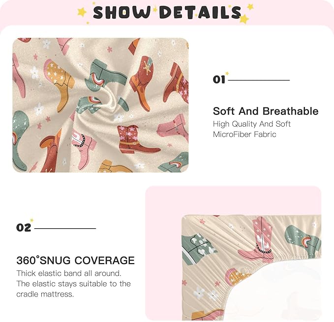 Lovely Cowboy Boot Crib Sheets for Neutral Bassinet Play Sheets,Sheets Toddler Bed Sheets for Baby Boys Girs 39 * 27 * 5in