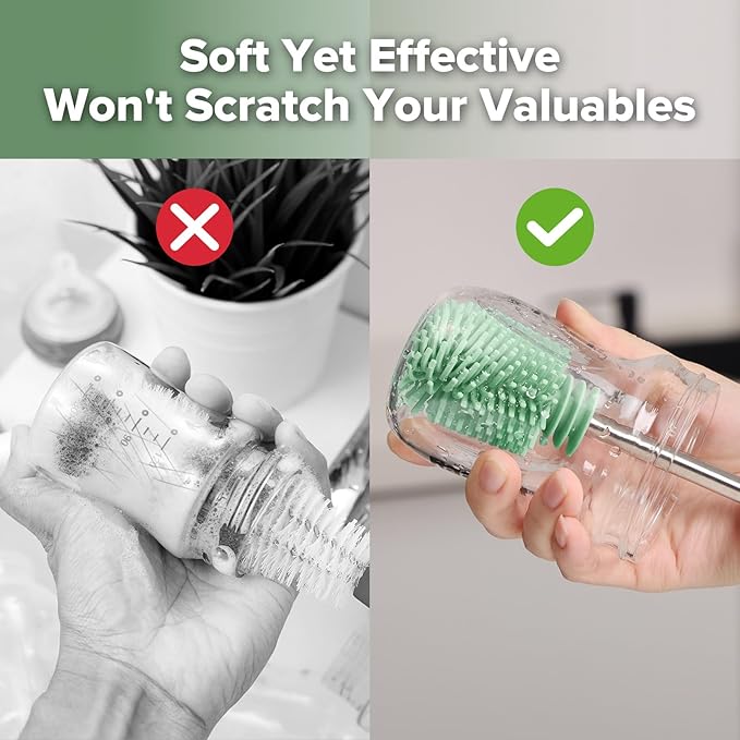 haakaa Cleaning Brush Silicone Bottle Brush Double-Ended Soft Silicone Bristles for Breast Pumps, Breast Milk Collectors, Baby Bottles, Teats, Breastmilk Storage Bags, Detachable - Pea Green-1pk