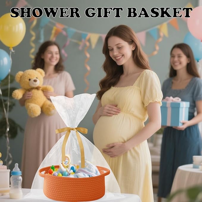 Gift Basket with Gift Bag and Ribbons,Small Rope Woven Shelf Storage,Baskets for Gifts Empty,Birthday,Shower,Decorative Organizer Box for Cat Dog Pet with Handles(Orange)