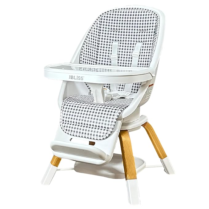 Turn-A-Tot High Chair for Babies and Toddlers, 2 in 1 Wooden Portable Baby Feeder or Adjustable Child's Seat with 360 Degree Swivel, Removable Tray, and Pad (Gingham)