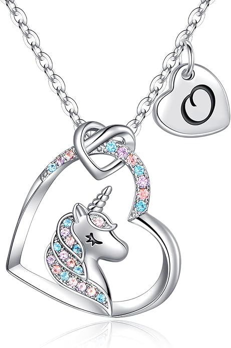 Hidepoo Unicorn Necklace Gifts for Girls Daughter - Colorful CZ Heart Pendant Initial Unicorn Necklaces for Girl Teens Little Girls Jewelry Birthday Gift