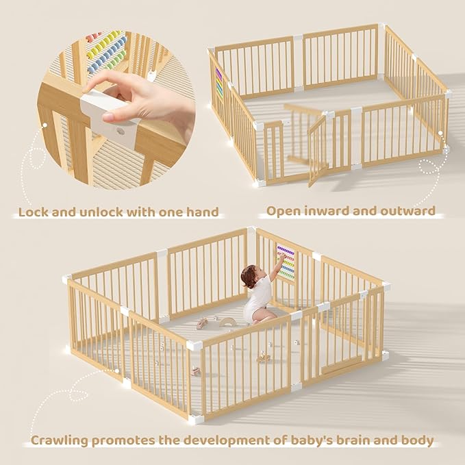 Baby Playpen with Gate, Wooden Playpen for Babies and Toddlers, Baby's Play Yard with Colorful Acrylic Beads, Baby Fence Play Area with Suction Cups, Extra Large Play Pen Area Indoor(79*71*24Inch)