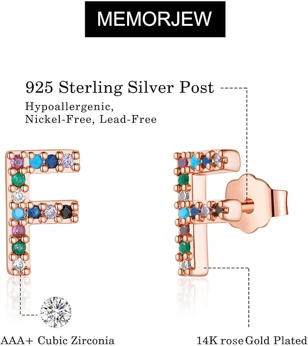 Memorjew Initial Stud Earrings for Women, Hypoallergenic 925 Sterling Silver Post Rainbow Cubic Zirconia Gold Plated 26 Initial Earrings for Women Jewelry Gifts