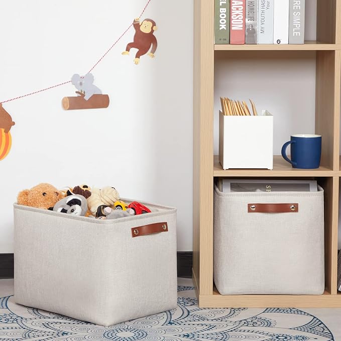 HNZIGE Large Canvas Baskets 16"×11.8"×11.8" Decorative Storage Bins with Leather Handles (2 Pack) Collapsible Rectangle Storage Baskets for Organizing Clothes, Toy, Books, Sundries, Tools(Cream)
