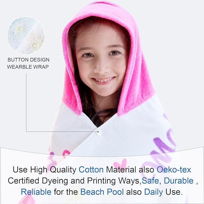 VOOVA & MOVAS Kids Towels with Hood Age 3-10, 30''X50, Soft | Thick | 100% Cotton | Absorbent | Large Wrap| Cover Up, Perfect for Beach, Pool, Bath, Swim, White Magic Unicorn