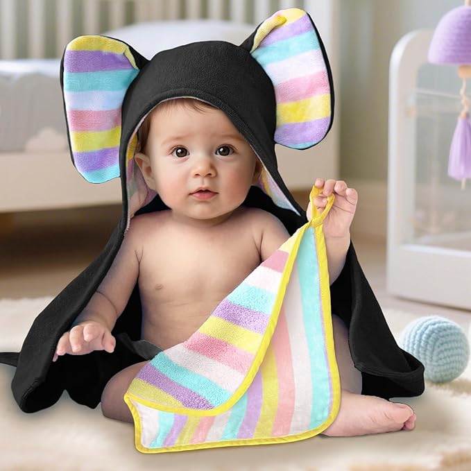 VOOVA & MOVAS Baby Hooded Bath Towel - 100% Cotton, 33x23.5 Inches,0-3Years, Super Absorbent Large Towel with Cute Elephant Ears Hood for Newborn, Baby, Toddler,Black