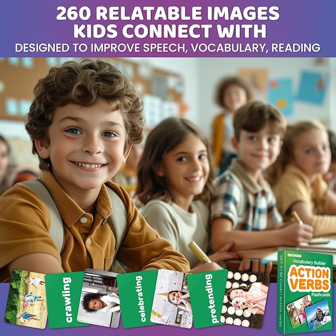 QUOKKA 260 Action Verbs Flash Cards for Speech Therapy Materials ESL Teaching – Educational Vocabulary Builder with Realistic Images for Kids Adults – Picture Cards for Speech and Cognitive Learning