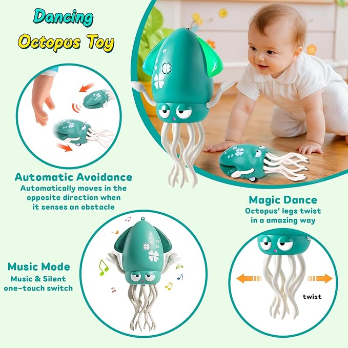 Dancing Octopus Baby Toy, Electric Crawling Squid with Obstacle Avoidance, Infant Light up Music Toys for 3 4 5 6 7 Year Old Kids, Rechargeable Tummy Time Toy Boy Girl Birthday Gifts (Green)