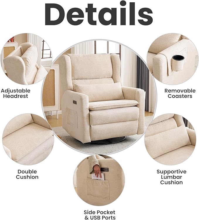 Oversized Swivel Rocker Recliner with Adjustable Headrest, 26" Extra Wide Glider Recliner Nursery Chair with Double Cushion, Chenille Glider Rocking Chair for Living Room,Cup Holder,Beige