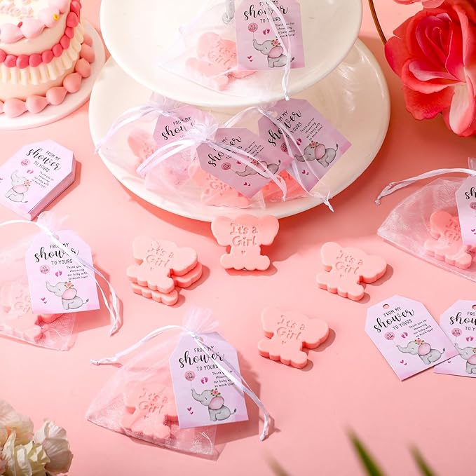 50 Sets Baby Shower Soap Favors for Guests Boy Girl Mini Handmade Scented Soaps with Thank You Tags and Organza Bags for Shower Gender Reveal Party Favors (It's A Girl,Pink Elephant)