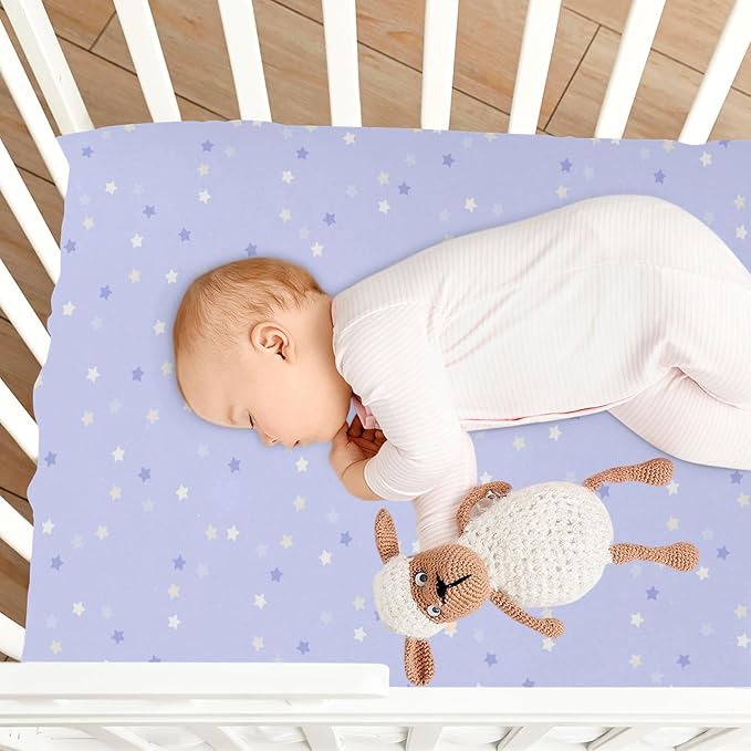 Baby Crib Sheets Cute Purple Star on Blue Sky Crib Sheets for Boys Girls,Neutral Bassinet Toddler Bed Play Sheets Breathable Soft and Portable 52 * 28 * 9in