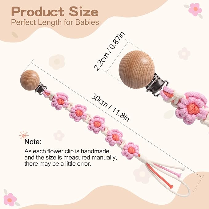Pacifier Clips Baby Girls Floral Daisy Binky Clips Pacifier Holder Boho Wooden Clips Macrame Paci Clip Handmade Braided Cotton Pacifier Strap Pink
