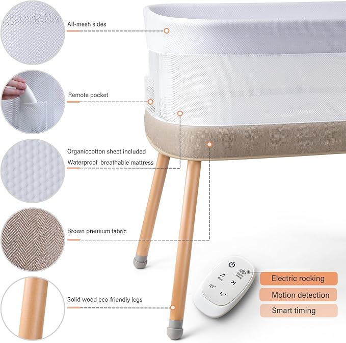 Rocking Bassinet for Baby 3 Speeds Electric Bedside Sleeper with White Noise, Automatic Bedside Crib for Newborn, Brownish-Yellow