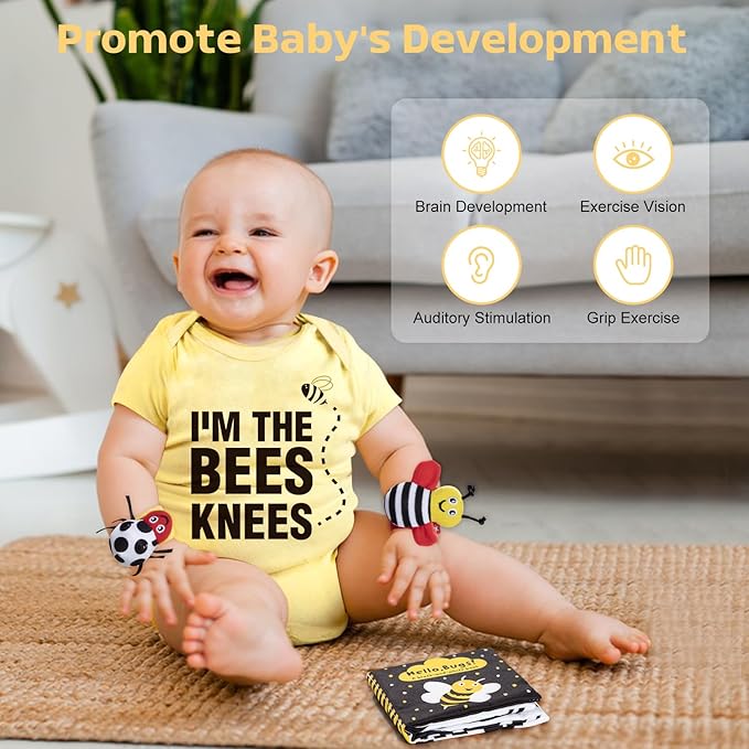 Baby Gift Set for Newborn, Bee Baby Shower Gifts Basket, High Contrast Baby Book Toys 0-6 Months Infant Rattle Socks Blanket Hat Onesie Baby Gifts Essentials for Girls Boys