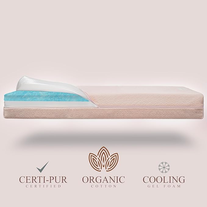 Organic Cotton Dual-Sided Crib Mattress | 2-Stage Premium Memory Foam CertiPUR-US Hypoallergenic Baby Mattress, Firm Support for Infant, Cooling Gel for Toddler, Waterproof Washable Cover, (Pink)