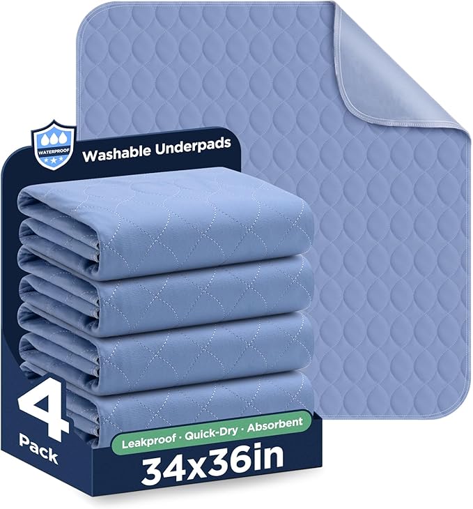 Washable Bed Pads 34" x 36" - 4 Pack, Blue, Waterproof Bed Pads for Incontinence, Bed Wetting Pads for Bed, Sofa, Floor, Resuable Underpads for Adults, Seniors, Pet
