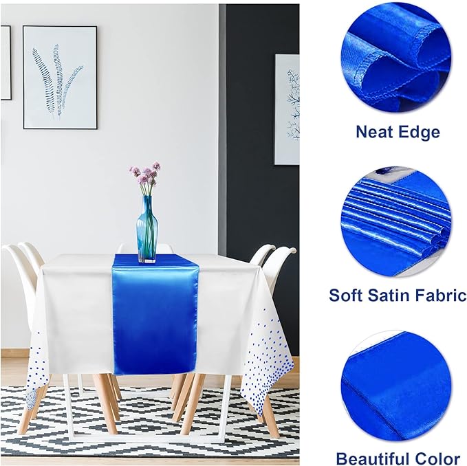 8Pack Disposable Plastic Tablecloths and Satin Table Runner White and Royal Blue Dot Tablecloth Blue Satin Table Runner for Wedding Birthday Baby Shower Anniversary Christmas New Year Party Supplies