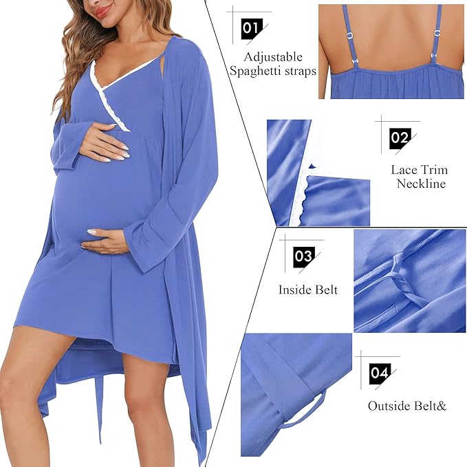SWOMOG Womens Maternity Robe 2 Piece Nursing Nightgown for Breastfeeding 3 in 1 Labor Delivery Nursing Dress Lace Bathrobe