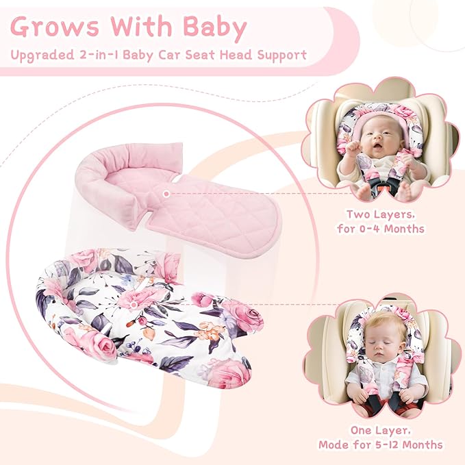 Baby Car Seat Head Body Support & Strap Covers, 2 in 1 Infant Car Seat Insert, Reversible Soft Breathable Newborn Cushion Pads for Preemie, Perfect for Baby Carseats, Strollers, Swings (Floral)