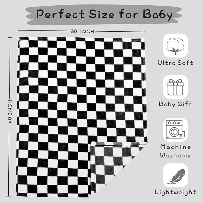 Yurhap Checkered Baby Blanket Fleece Baby Blankets for Boys Girls, Ultra Soft Cozy Fluffy Infant Toddler Newborn Receiving Blankets for Crib Stroller, 30''x40'', Black