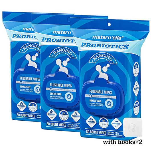 matern'ella Hanging Flushable Wipes Unscented Extra Large Corner-Connected Wet Wipes Adult Plant Based Fibers with Probiotics Alcohol Free Sewer Safe Butt Wipes Travel 3 Packs of 80 Wipes