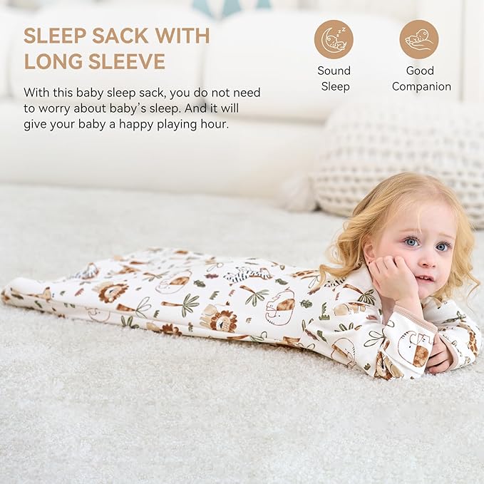 Baby Sleep Sack 18-24 Months, Long Sleeve Baby Wearable Blanket 0.5 Tog with Mittens, 2-Way Zipper Toddler Cotton Sleeping Sack for Boy and Girl Khaki Animal 2 Pack(XLarge)