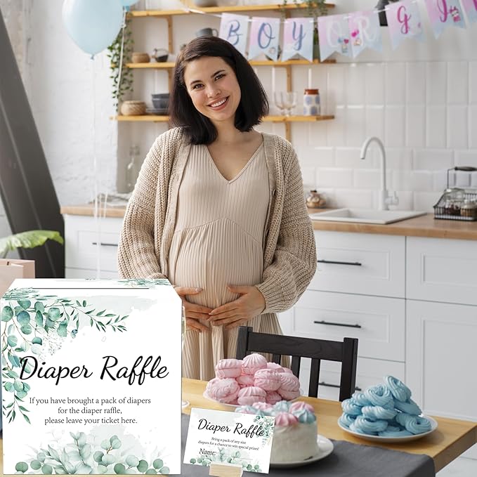 Baby Shower Games, Greenery Diaper Raffle Box for Baby Shower, 50 PCS Diaper Raffle Tickets Card Box with Advice and Wishes for the Parents-to-be, Baby Shower Decorations, Diaper Raffle Sign