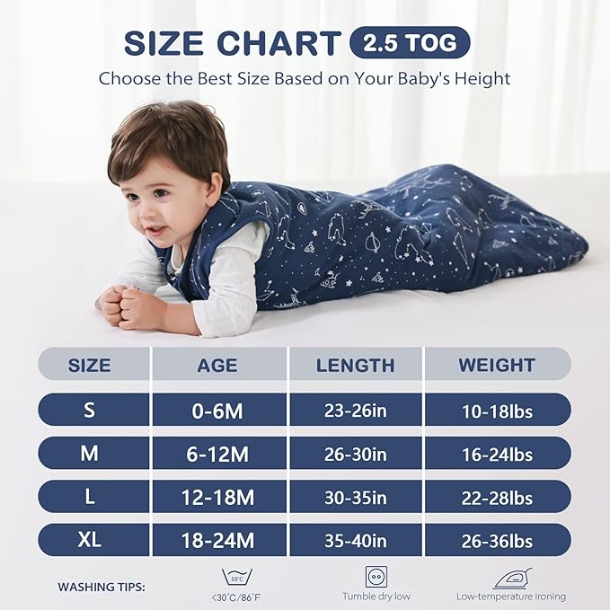 Mosebears Sleep Sack Baby Winter Wearable Blanket with 2-Way Zipper,2.5 TOG Cotton Sleep Sack Unisex(Navy Blue,18-24 Months)