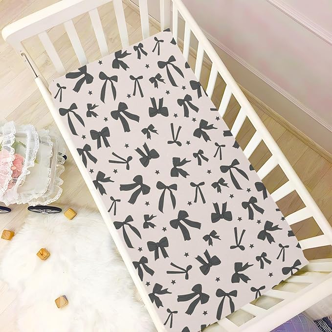Baby Crib Sheets Black Cute Bow Crib Sheets for Boys Girls,Neutral Bassinet Toddler Bed Play Sheets Breathable Soft and Portable 52 * 28 * 9in