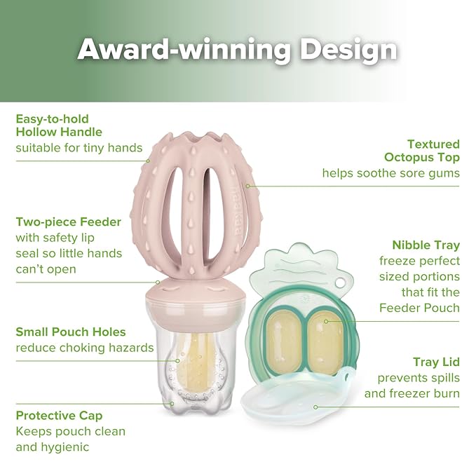 Haakaa Octopus Baby Fruit Food Feeder & Mini Freezer Nibble Tray Combo, Breastmilk Popsicle Molds for Cooling Relief, BPA Free Silicone Feeder for Safe Infant Self Feeding, 4 Month+(Blush)
