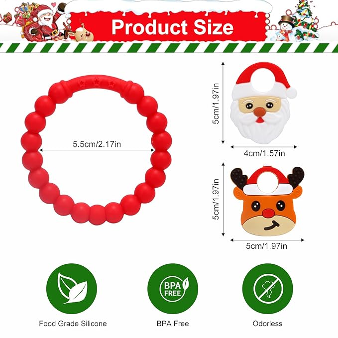 Christmas Baby Teething Ring Toys – Santa Claus & Reindeer Teethers for Newborns, Infants & Toddlers – Sensory Chew Bracelet for Teething Relief – Perfect Baby’s First Christmas Stocking Stuffers