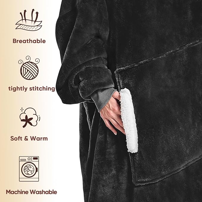 yescool Wearable Blanket Hoodie - birthday gifts for Adults/Women/mom, Flannel Cozy Sherpa Fleece Blanket Sweatshirt with Hood, Pocket & Sleeves, Large, One Size Fits All (Black)