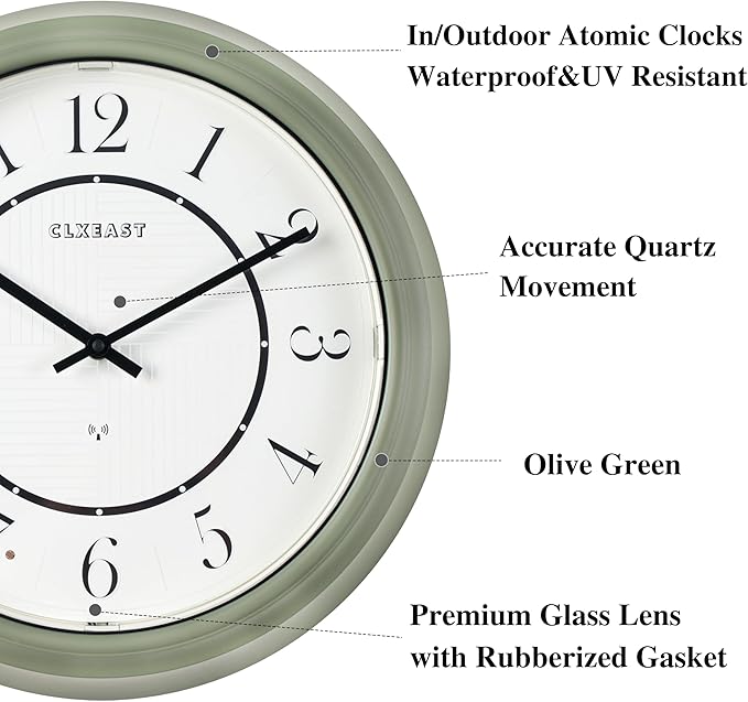 CLXEAST 14" LED Illuminated in/Outdoor Atomic Analog Wall Clock with Night Light,Coastal Beach Nautical Wall Clocks for Outdoor Patio Garden Decor, Olive Sage Green Finish