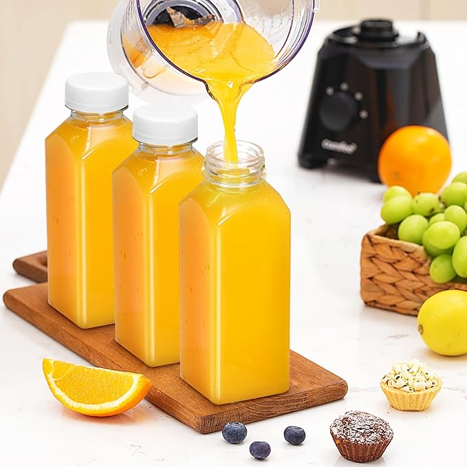 Plastic Juice Bottles, Reusable Juice Containers with White Tamper Proof Lids, Brush, Funnel and Labels, Clear Juice Containers for Juicing, Smoothie and Homemade Beverages (6PCS 12oz)