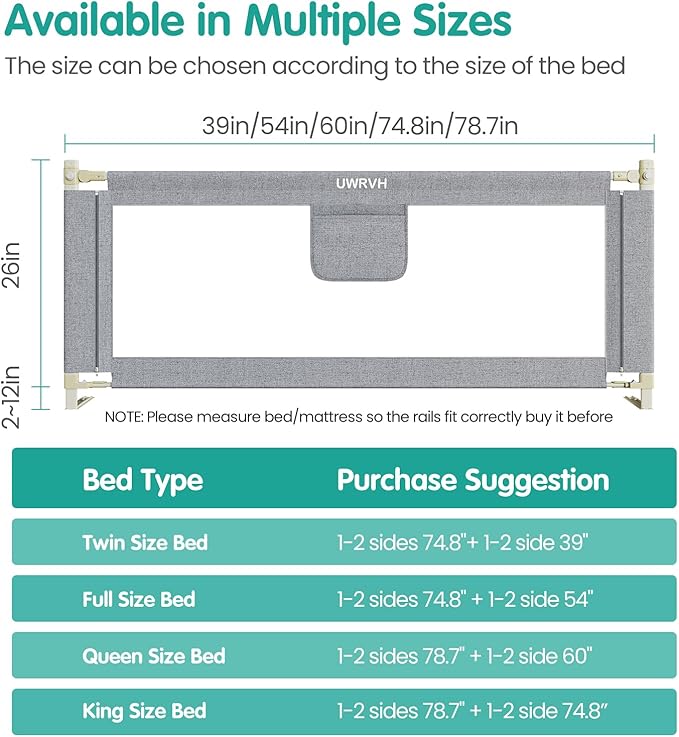 Bed Rails for Toddlers,Toddler Bed Rails,Bed Rail for Baby - Adjustable Height Bed Guard with Child Safety Lock, Universal Fit for King/Full/Twin Beds (Grey, 1 Side 82.5Inch)