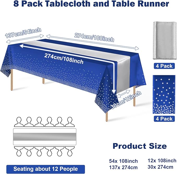 8Pack Disposable Plastic Tablecloths and Satin Table Runner Set Blue and Silver Dot Tablecloth Silver Satin Table Runner for Wedding Birthday Baby Shower Anniversary Christmas New Year Party Supplies